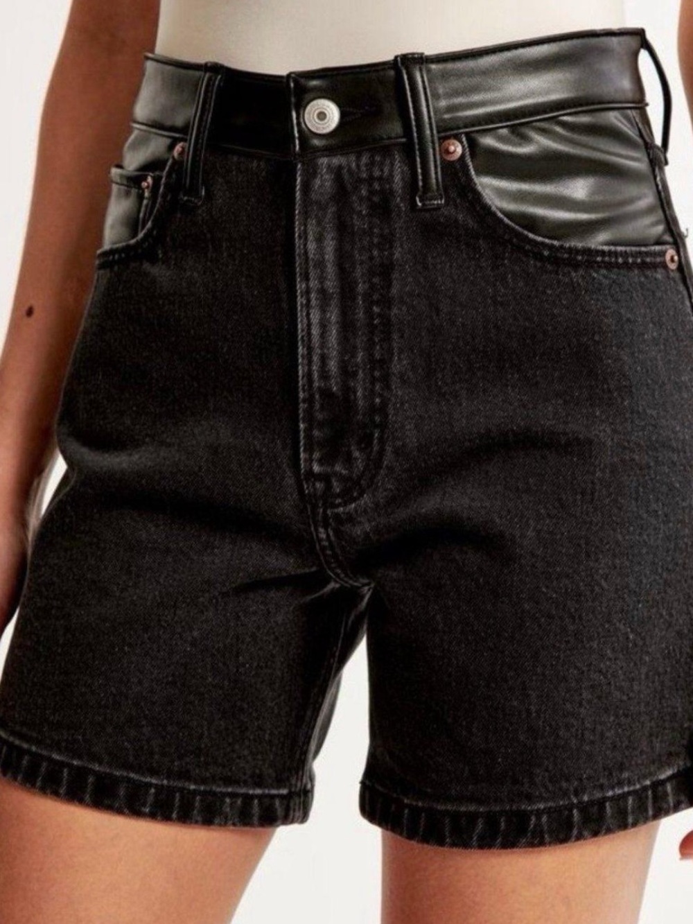 Abercrombie & Fitch Black High-Rise Jean Shorts with Faux Leather Trim